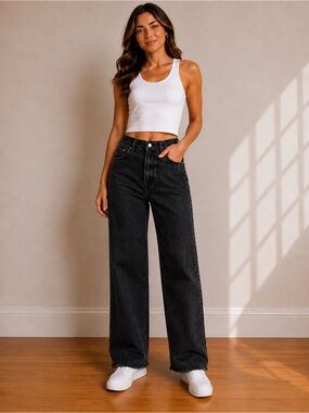 Zara Black Wide Leg Jeans Size 6 High Rise Raw Hem Washed Denim